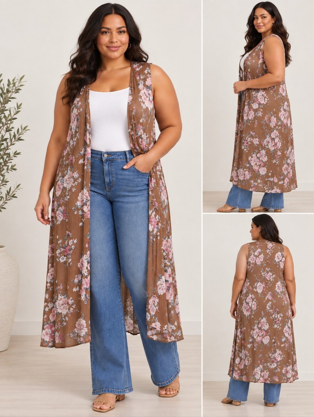 🌺 2/$30 Torrid Brown Floral Sleeveless Maxi Vest / Duster – Size 3/4